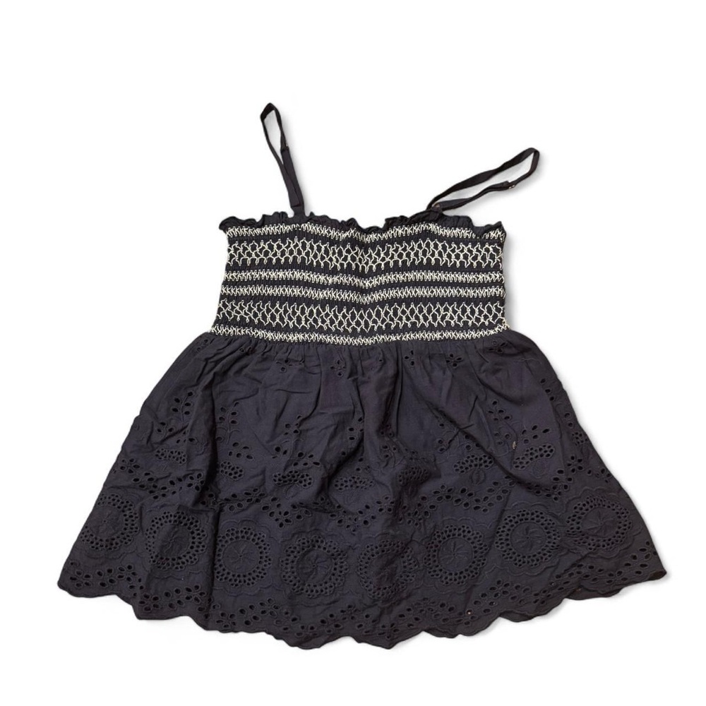 Pink Lily Navy and White Smocked Tank Top - adjustable straps eyelet detailing
